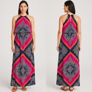 Roz & Ali Sleeveless Maxi Dress Size 10 Boho Paisley Print Halter Neck